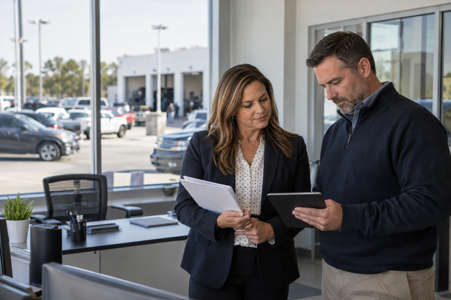 Illustration of two prospective operators reviewing business information in a dealership
